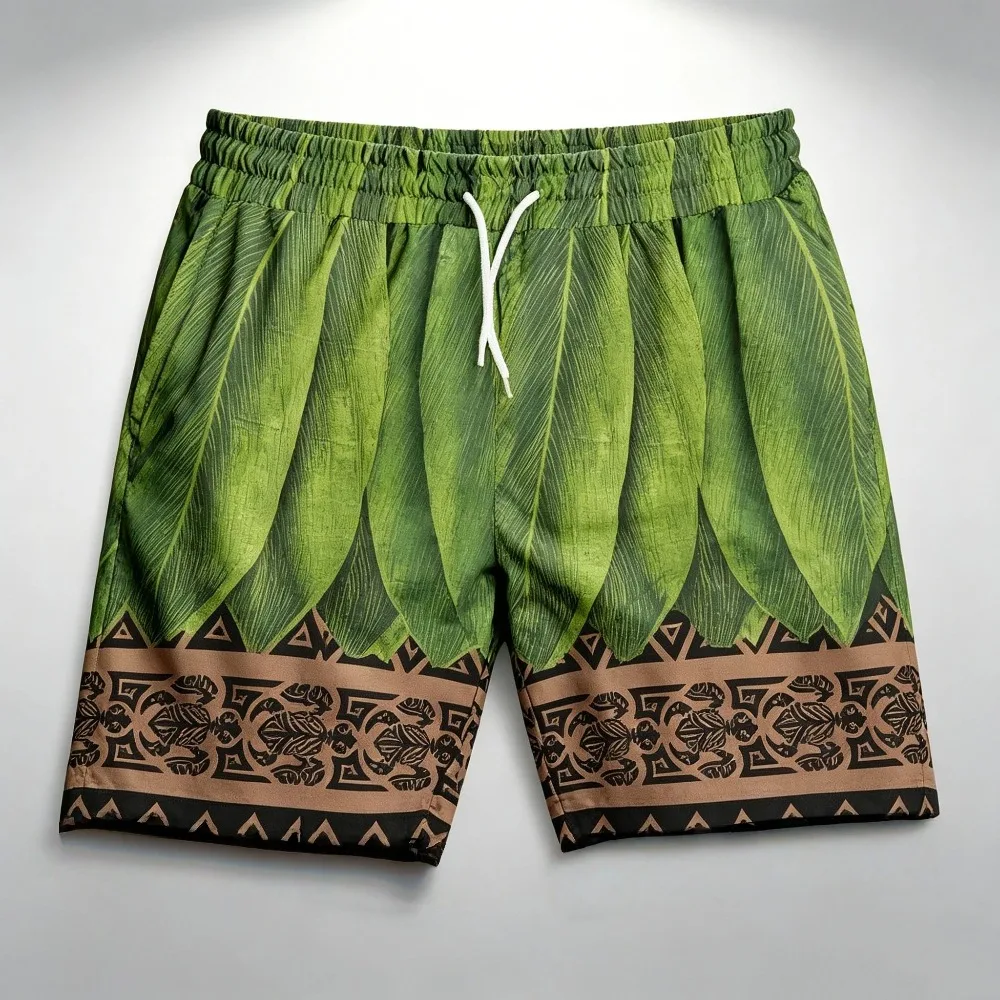 Tropical Green Leaf Tribal Border Print Men Beach Shorts Elastic Drawstring Loose Summer Hawaiian Casual Board Shorts
