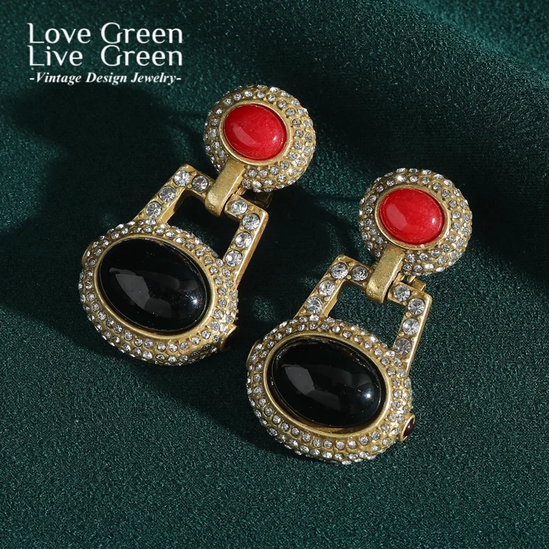 

Vintage Black Red Agate Lock Stud Earring Gold Color Rhinestone Jewelry Designer Quality Luxury For Woman Accessories New 2025