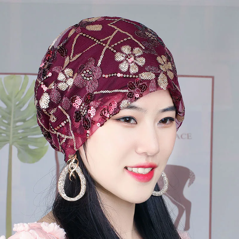 Spring Summer Women Sequins Lace Turban Hat Muslim Headdress Islamic Female Head Scarf Lady Breathable Hair Loss Beanie