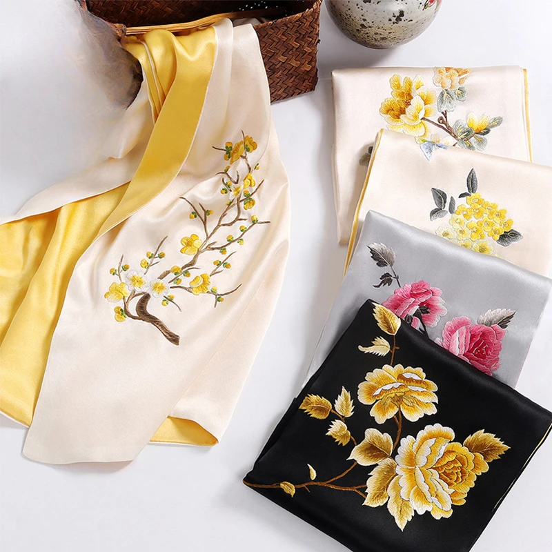 

Silk Scarf Women's Handmade Flower Embroidery Fashionable Exquisite High-End All-Match SmallShawl GiftBox Four Seasons Universal