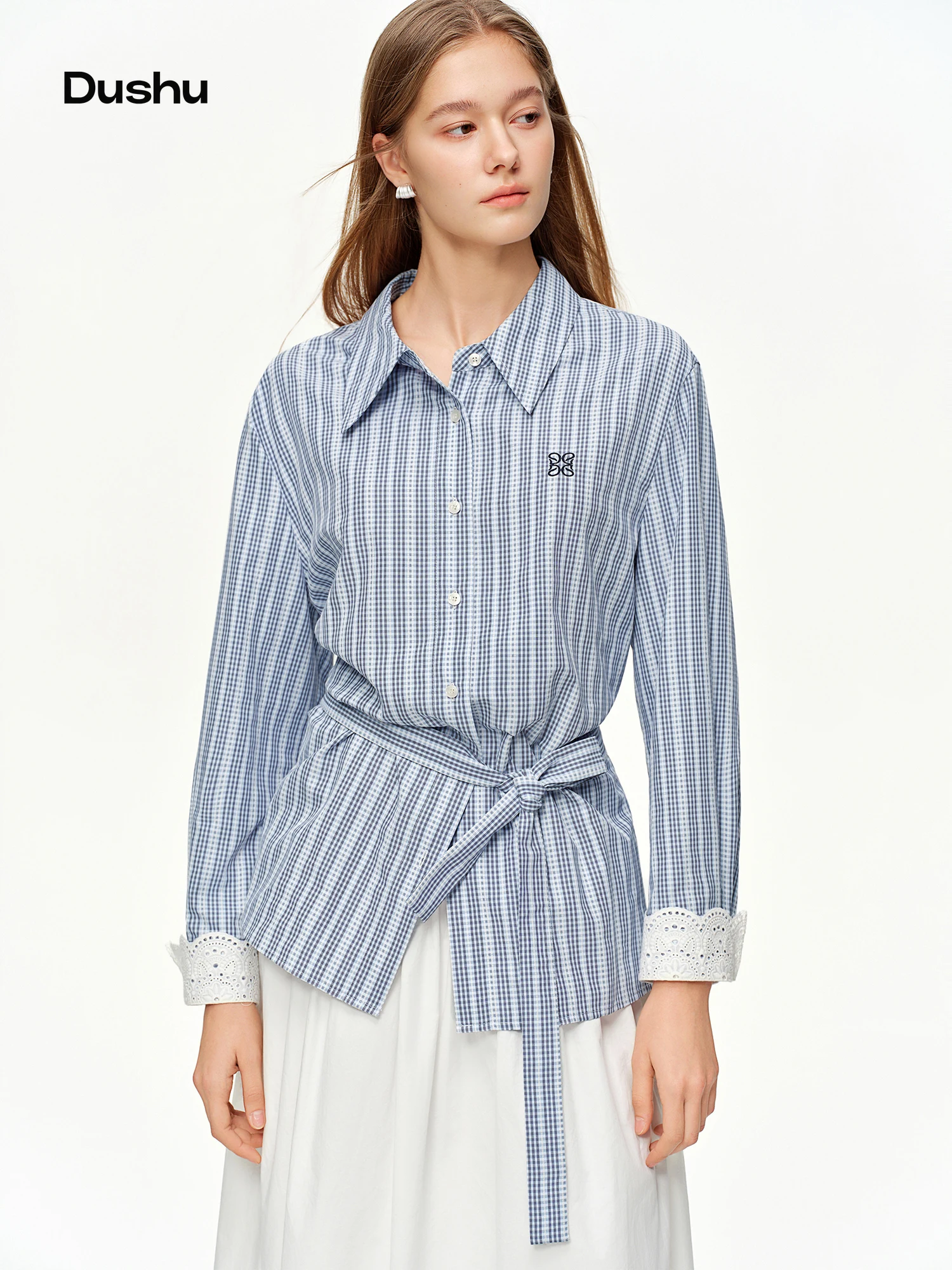 DUSHU 2025 Spring Women's Lace Trim Jacquard Striped Shirt - Tie Waist Blouse with Floral Pattern for Casual and Office Wear​