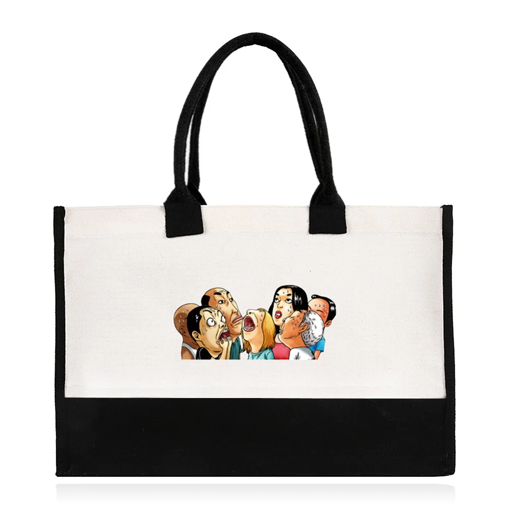 Damen-Einkaufstasche, wiederverwendbar, Shopper, Jutetasche, hochwertige Canvas-Umhängetaschen, personalisierte Handtasche, 2024, Druck, Cartoon-Serie