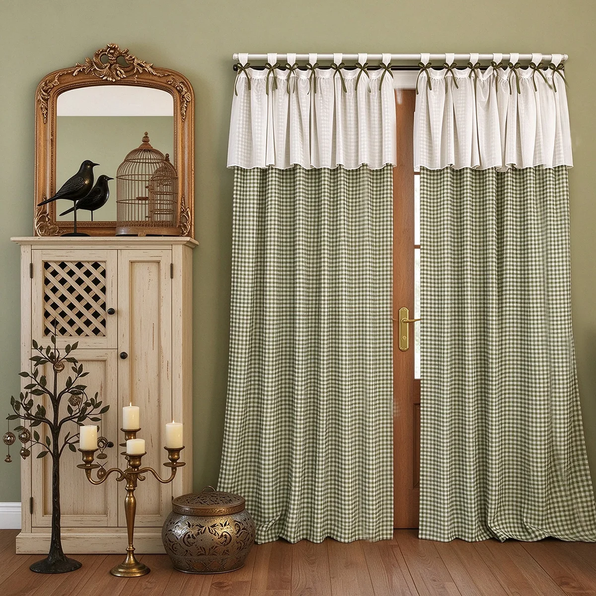 Green Gingham Tab Top Curtains with White Ruffled Valance, Window Drape with Bow Ties,Semi-shade Curtain for Bedroom Living Room
