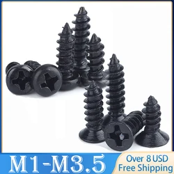 50-200pcs M1 M1.2 M1.4 M1.7 M2 M2.6 M3 M3.5 Black Steel Phillips Flat Countersunk Cross Round Pan Head Self-tapping Wood Screw