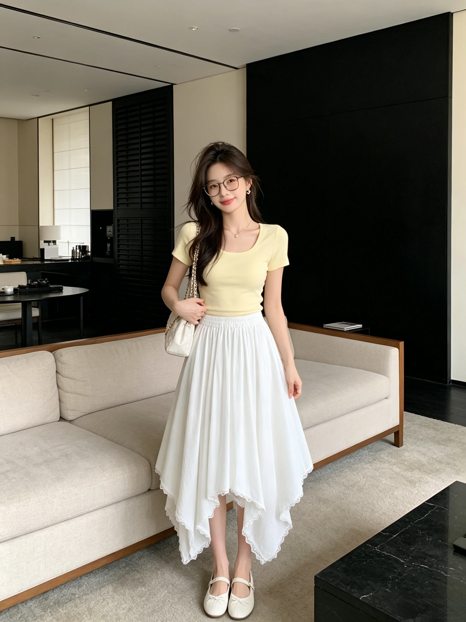 

High Waist A-Line Midi Skirt Women's White Lace Trim Korean Style Breathable Skin-Friendly High Waist Skirt for Daily Wear