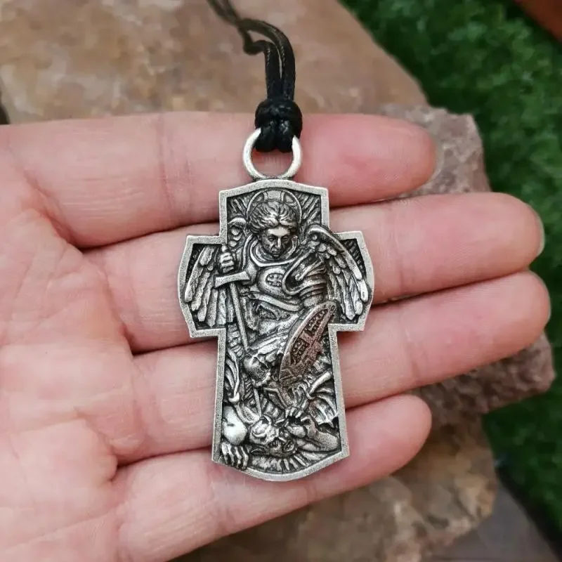 Vintage St. Michael the Archangel Cross Pendant Rope Necklace Men's Religious Amulet Jewelry