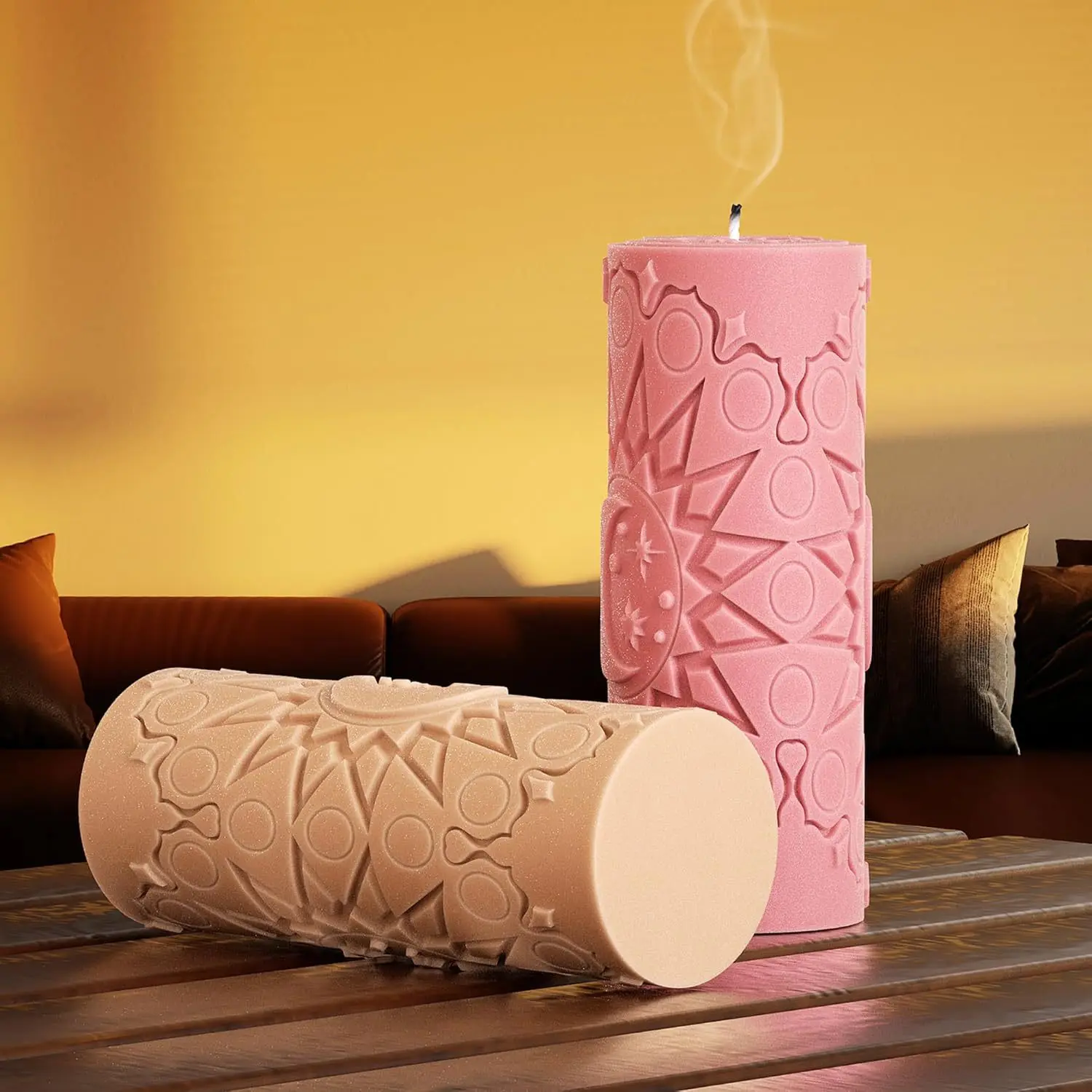Embossed Mandala Flower Cylindrical Scented Candle Silicone Mold DIY Star Moon Pattern Flower Column Plaster Ornaments