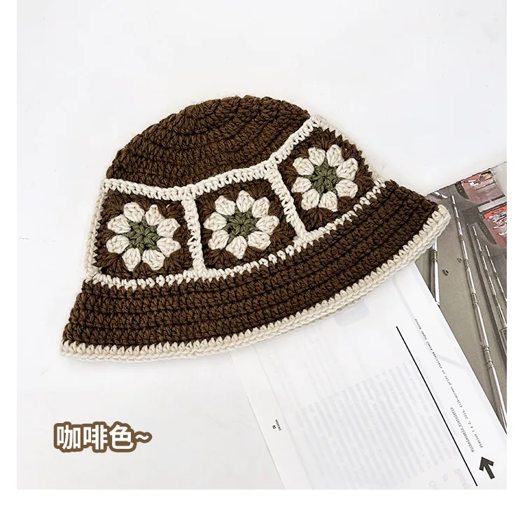 2025 herbst Neue Häkeln Koreanische Handgemachte Eimer Hut Frauen Weben Gestrickte Hut Y2k Mode Blumen Herbst Winter Mützen Becken Kappe – Detail 5