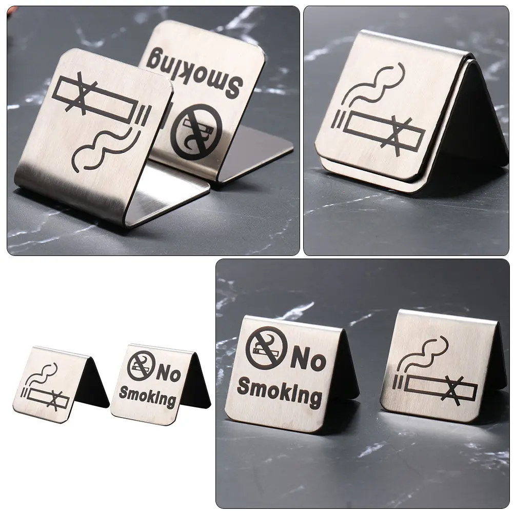 2Pcs Stainless Steel No Smoking Table Signs Double Side Smooth Clear Text Non Smoking Desktop Sign for Bar Office