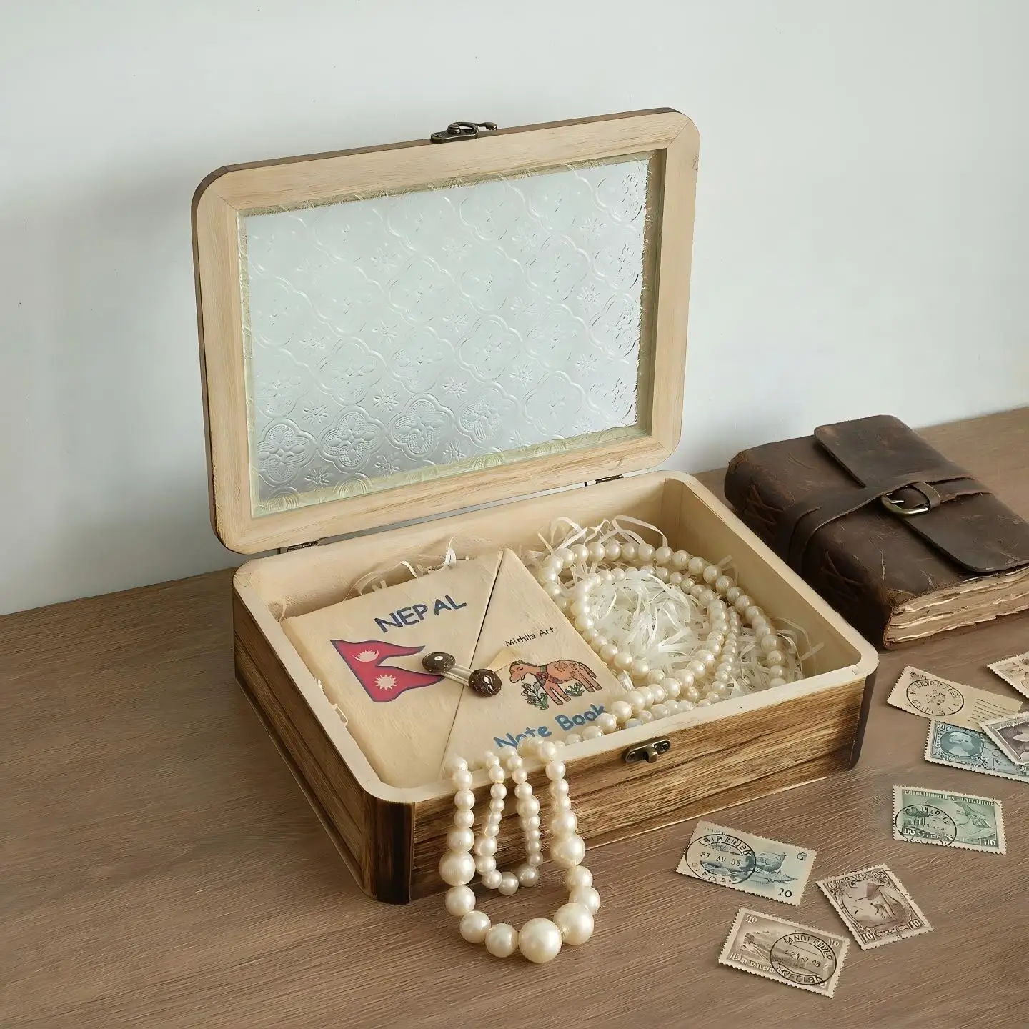 Retro‑Style Glass‑Decorated Solid Wood Box, Multi‑Purpose Storage for Jewelry Stationery Cosmetics, Festival Gift Packaging Case