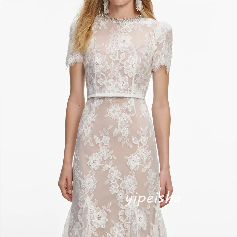Customized Fashion Casual Lace Sash Rhinestone Pleat Ruched Mermaid High Collar Tea Length Evening Dresses for Woman Formal image 4