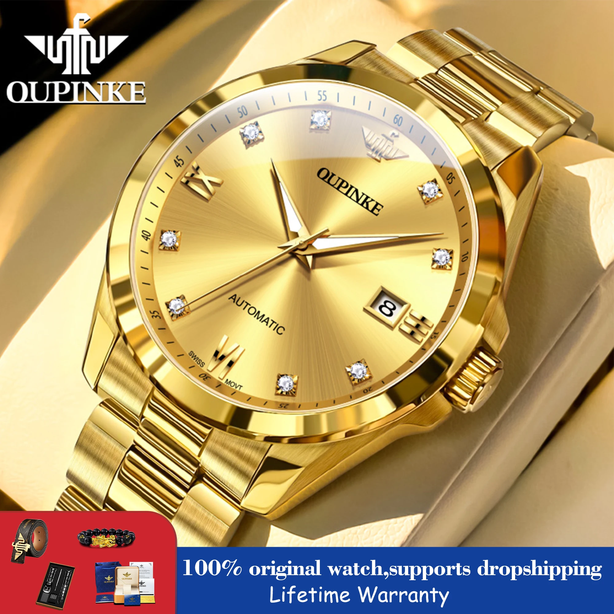 OUPINKE Swiss Mechanical Movement Watch Luxury Real Diamond Watches For Man 50M Waterproof Calendar Man Hand Clock 3199
