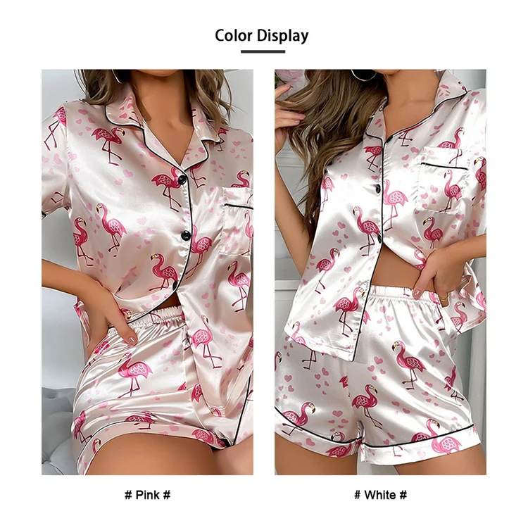Damen-Pyjama-Set, Herz-Druck, Satin-Pyjama, lässig, kurzärmelig, Reverskragen, Oberteile und Hosen, Nachtwäsche und Loungewear für Erwachsene – Detail 4