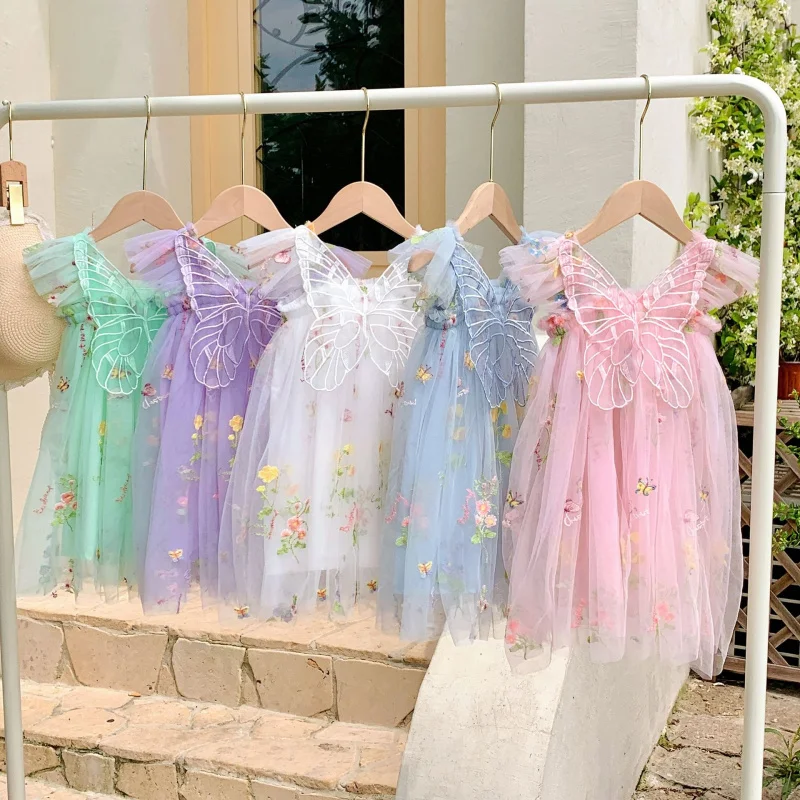 

Korean Style Floral Embroidery Girls' Mesh Dress with Flutter Sleeves and Straps Children's Princess Dress Puffy Dress