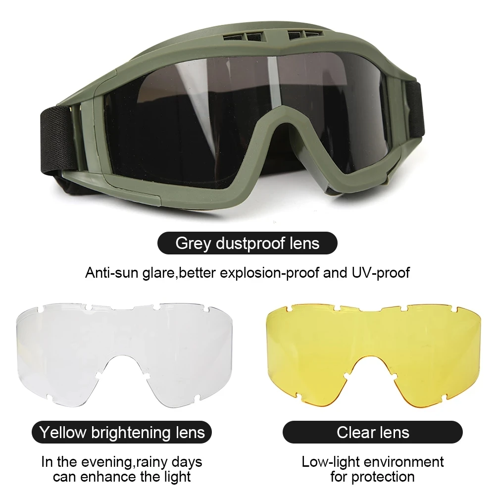 3 Lens Tactical Goggles Set Windproof Dustproof Shooting Motocross Motorcycle Mountaineering Glasses Cs Military Safe Protection