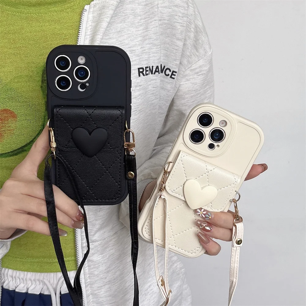 PU Leather 3D Cute Love Heart Crossbody Necklace Strap Card 
