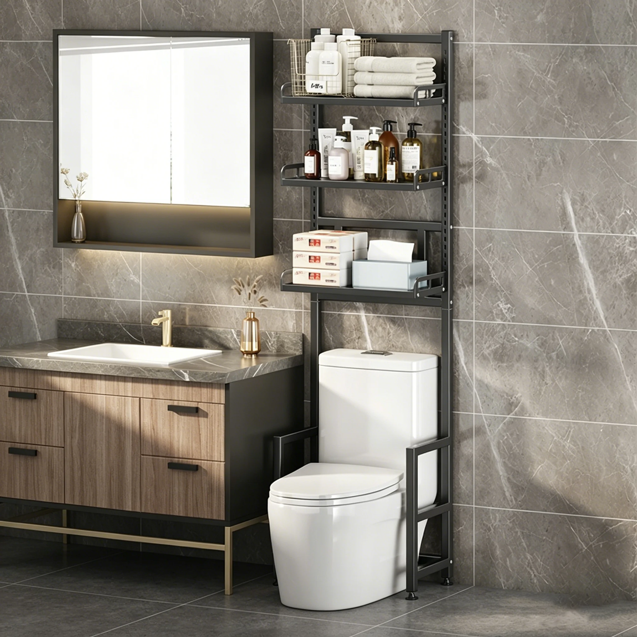 The Bathroom Storage Cabinets and Storage Shelves Above the Toilet Feature Adjustable Heights, Are Made of Rust-Resistant Metal Frames and Metal Partitions, and Contain Items Such as Toiletries, Towels, Decorations, Cosmetics, and Other Bathroom Supplies, Bathroom Shelves, and Toilet Shelves view 2