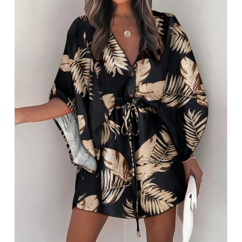 Women\'s Summer Flying Sleeves Sexy V-neck Lace Up Print Beach Dress 2024 Ladies Quarter Sleeve Loose Button Mini Dress Vestidos