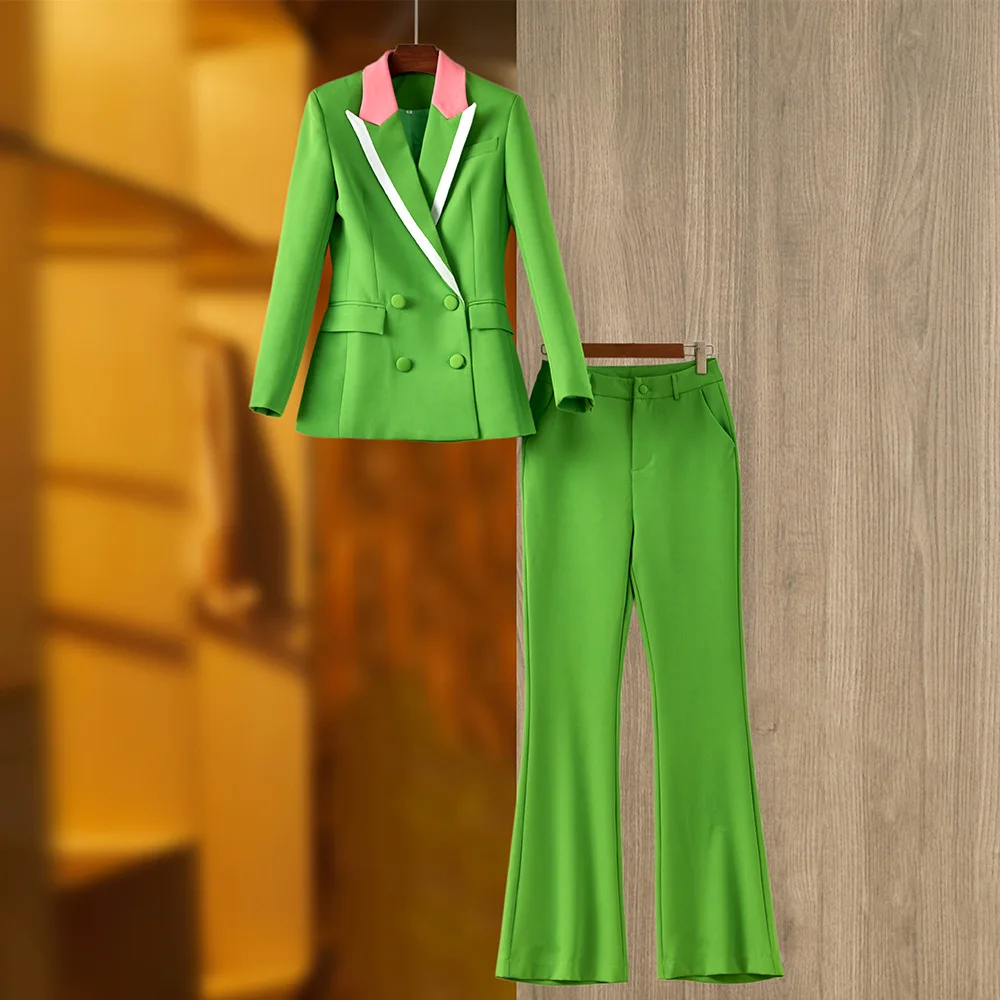 Conjunto de terno de algodão verde feminino, jaqueta blazer e calça, casaco trespassado duplo, vestido de baile, senhora do escritório, roupa diária do trabalho, primavera, 2 peças