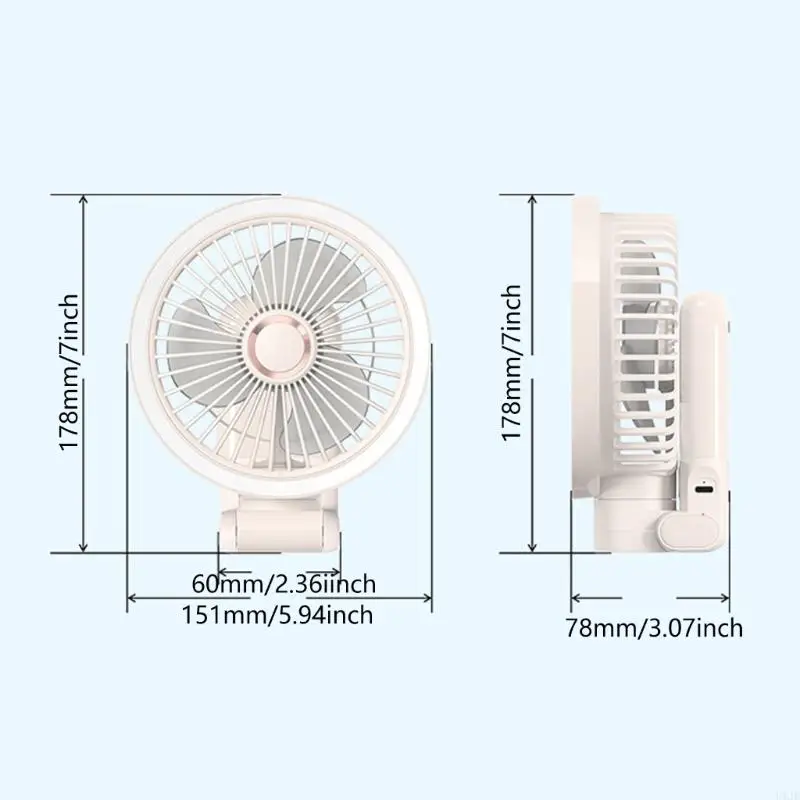 U1JE quạt clip sạc có thể gập lại với đèn LED Night Light USB chạy 3 tốc độ quạt làm mát yên tĩnh để sử dụng du lịch cắm trại