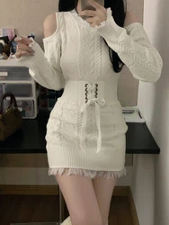 Knitted Kawaii Sweet Two Piece Set Women Tassel Korean Fashion Mini Dress Suit Female Vintage Dress + Designer Belt 2023 Autumn