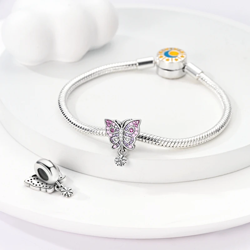 925 Sterling Silver Butterfly Pendant, Daisy Isolamento Bead Charme, Fits Original Pandora Pulseira, Bangle, Presente Da Jóia Do Aniversário