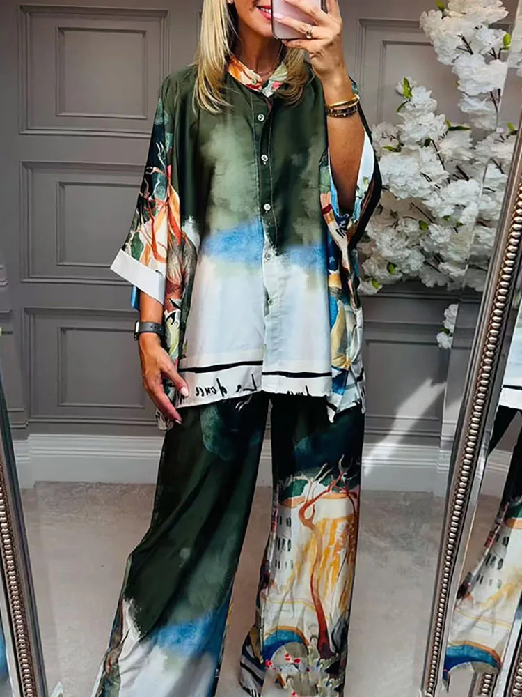 

Осенние новые женские комплекты из двух предметов в отпускном стиле, винтажные рубашки с длинными рукавами и брюки с принтом, свободные женские комплекты для отдыха