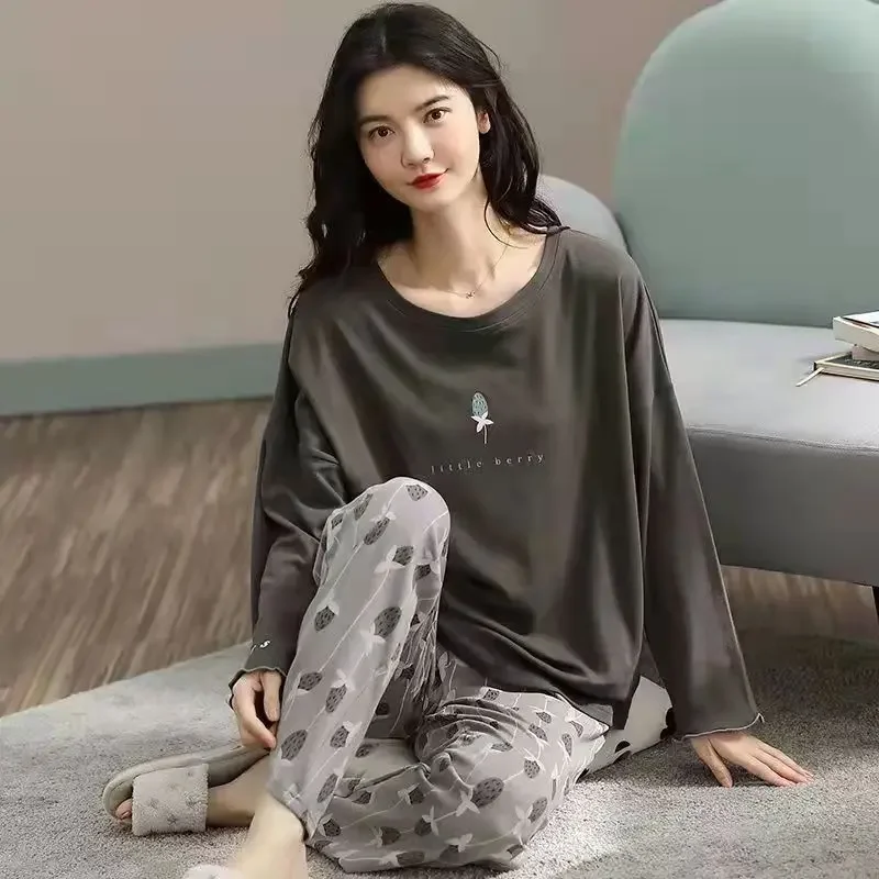 Autumn New Pajamas Women's Spring and Autumn Models of Long-Sleeved Thin Section of Home Wear Plus Size Simple Loose Suit