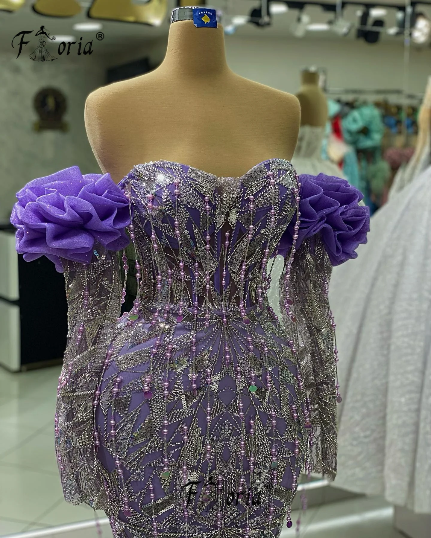 Elegant Purple Pearls Tassel Mermaid Evening Dresses Beadings Ruffled Off Shoulder Wedding Party Dress Robe Soiree Femme Prom