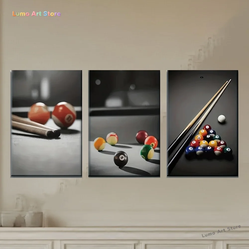 3pcs, Canvas Painting--Unframed, Pool Ball And Billiards Are Shown in Three Different Shots, Artist Drawing Set, Bar, Office,