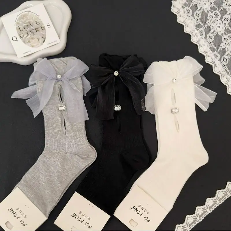 1 Pair Of Women's Hollow Rhinestone Bow Socks With Ruffled Edges, Breathable, Fashionable And Versatile