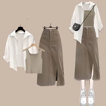 2025 夏の新韓国のエレガントなドレスマッチングセット女性のファッション日焼け止めシャツ + ベスト + カウボーイミディスカートスリーピース女性スーツ