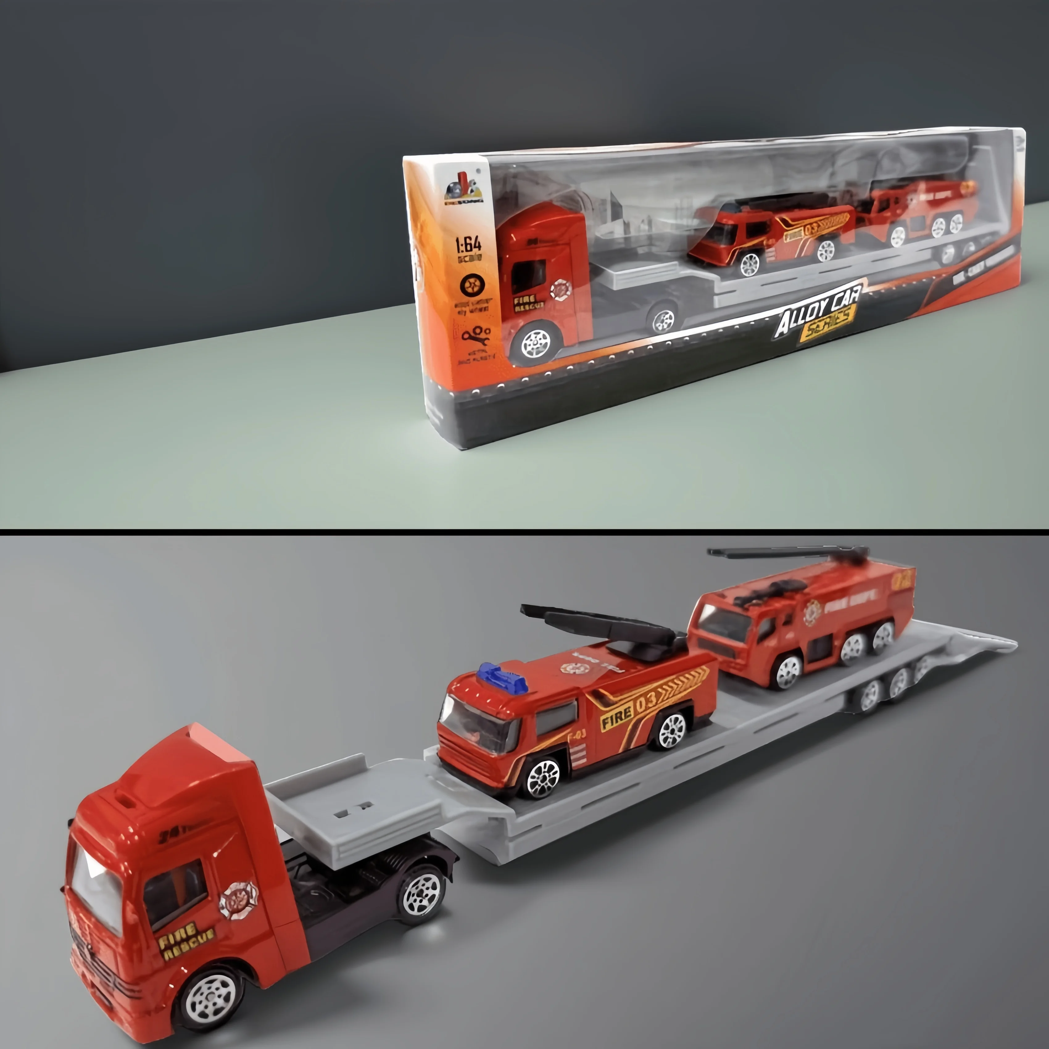 Legering Engineering Flatbed Trailer Transportvoertuigset met elektrische politieambulance, handmatige traagheidsauto's, niet-aangedreven