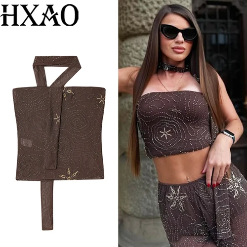 HXAO-Tops cortos con corsé para mujer, Top Haler sin tirantes, Top de tul con cuentas y lentejuelas, Top Bandeau Sexy semitransparente con espalda descubierta
