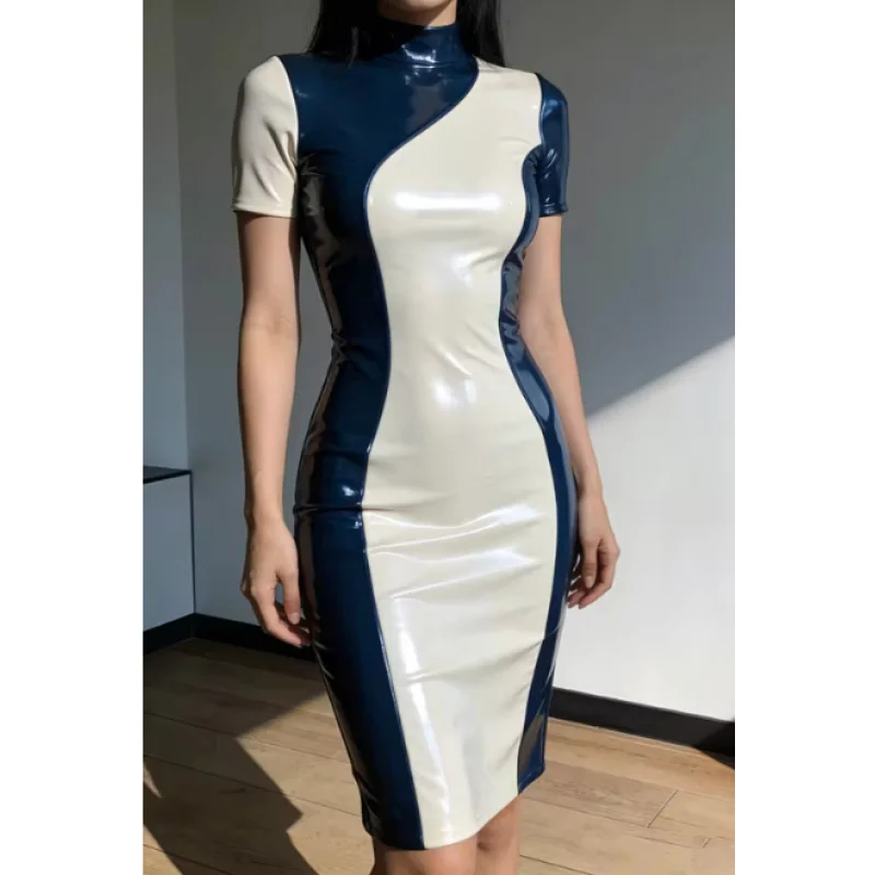 

Women's latex dress - navy blue and white patchwork high neck dress, suitable for role-playing and club wear