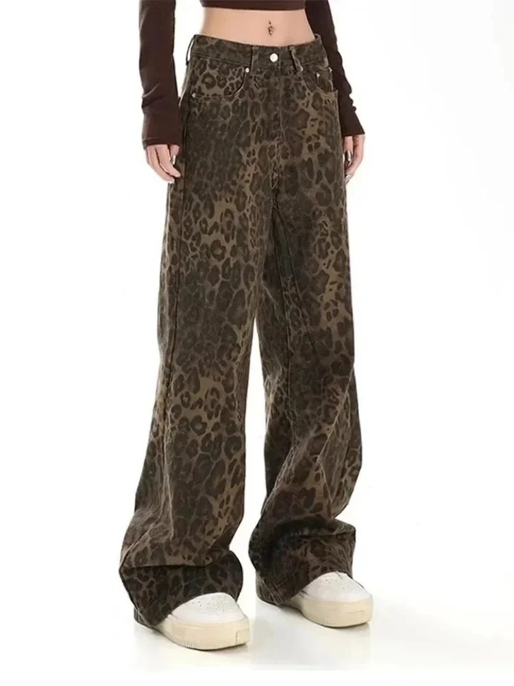 2025 American Vintage Leopard Print Jeans Female Autumn Winter New Design Sense Small Straight Tube Overalls Casual Pants