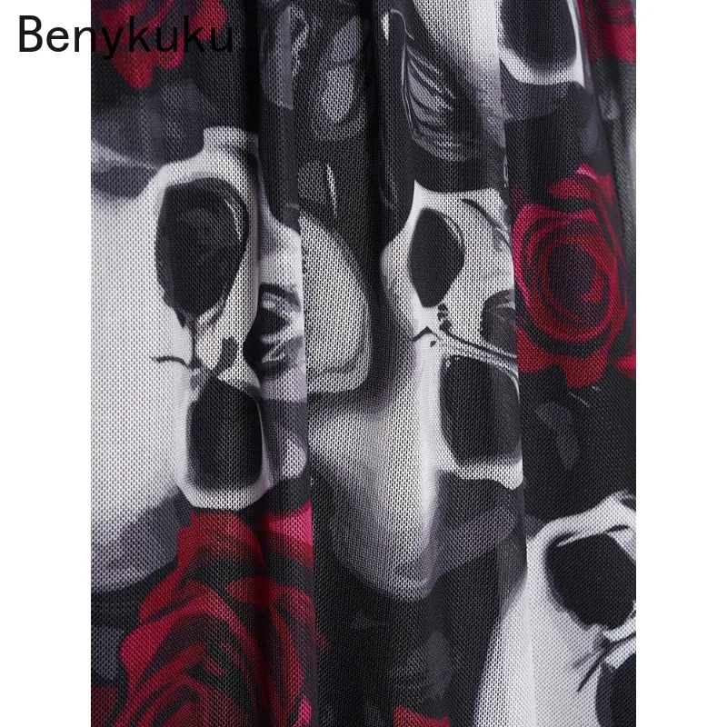 Skull Rose Print Grommet Buckle Tank Dress Summer Women Clothing Double V Neck Sleeveless Halloween Gothic Dresses 2024 Vestidos