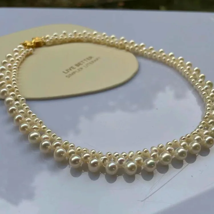 Natural Freshwater Pearl Short Necklace, Multi-Layer Handmade Braided Choker, Unique Statement Jewelry Gift