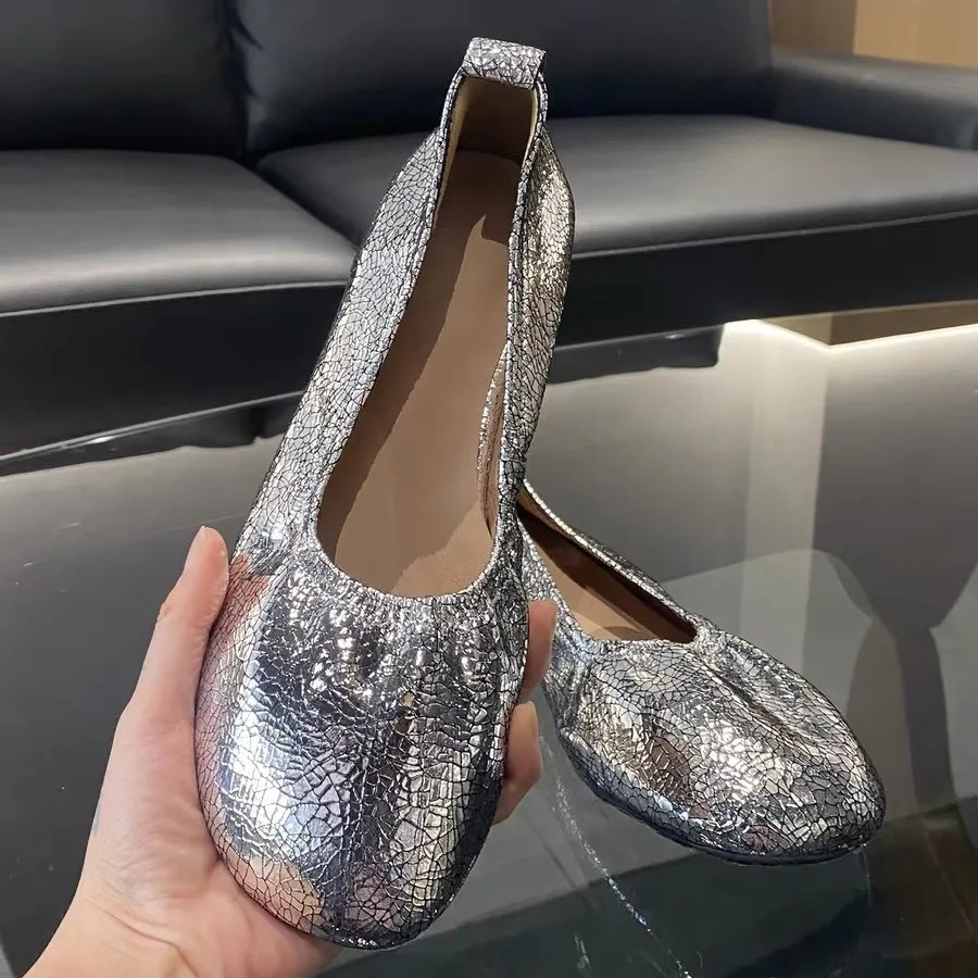 French Comfort Cracked Texture Ballet Flats Women Summer Space Silver Soft Flat Grandma Shoes