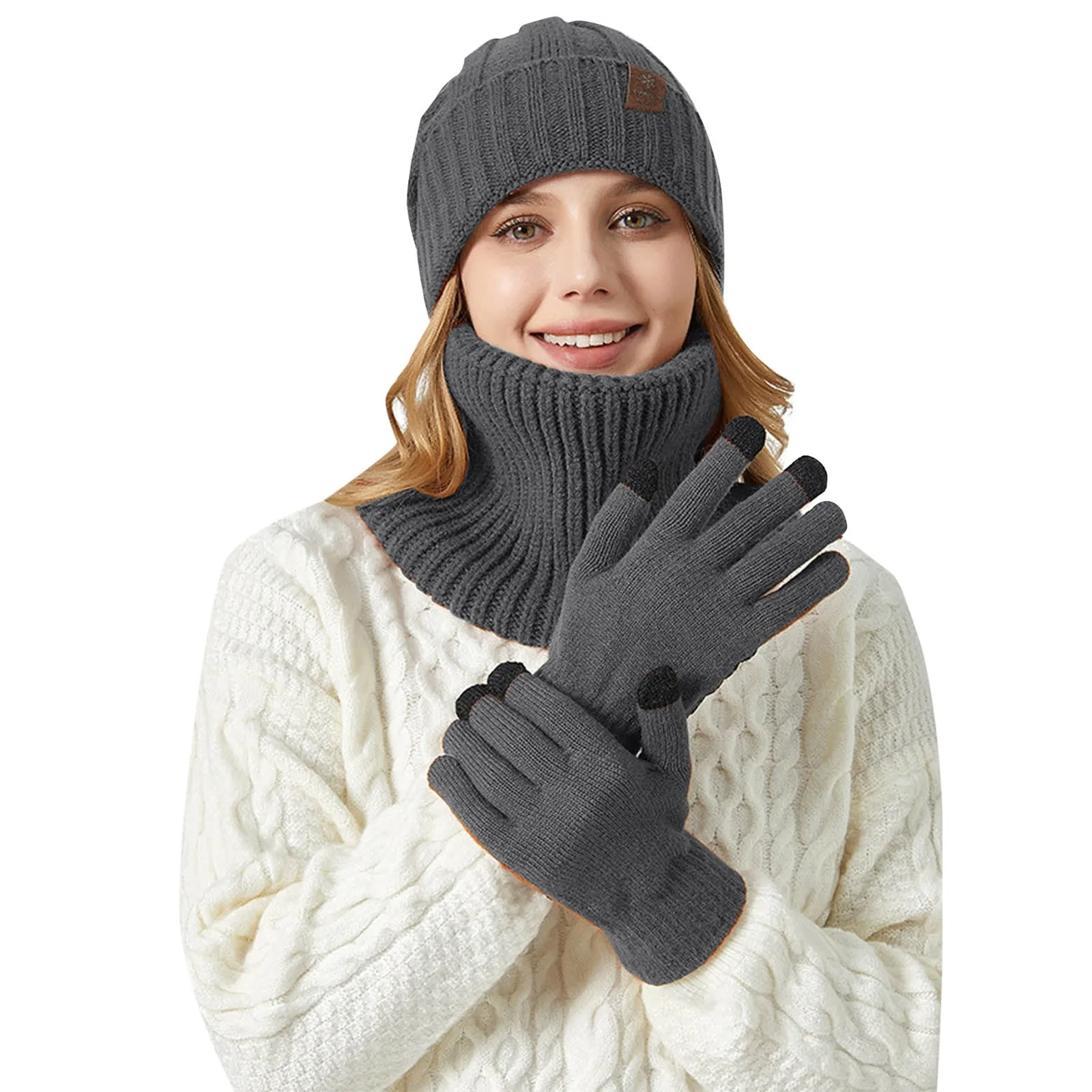 3PCS Thermal Hats Scarf Gloves Set Women\'s Thickened Warm Plush Ear Warm Caps Scarfs Gloves Sets Outdoor Warm Accessories