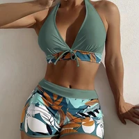 15 Colors Swimwear Women Two-Piece Suit Patchwork Halter Bikini Top With High Waisted Boxer Bottom College Sporty Surfing Suit - Image 3