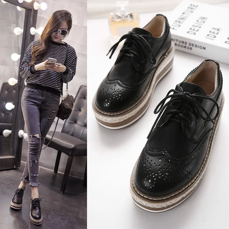 Women Loafers Shoes Leather Thick Heels Oxford Shoes Female Lace Up British Style Lady Formal Bullock Shoes Platform Espadrilles