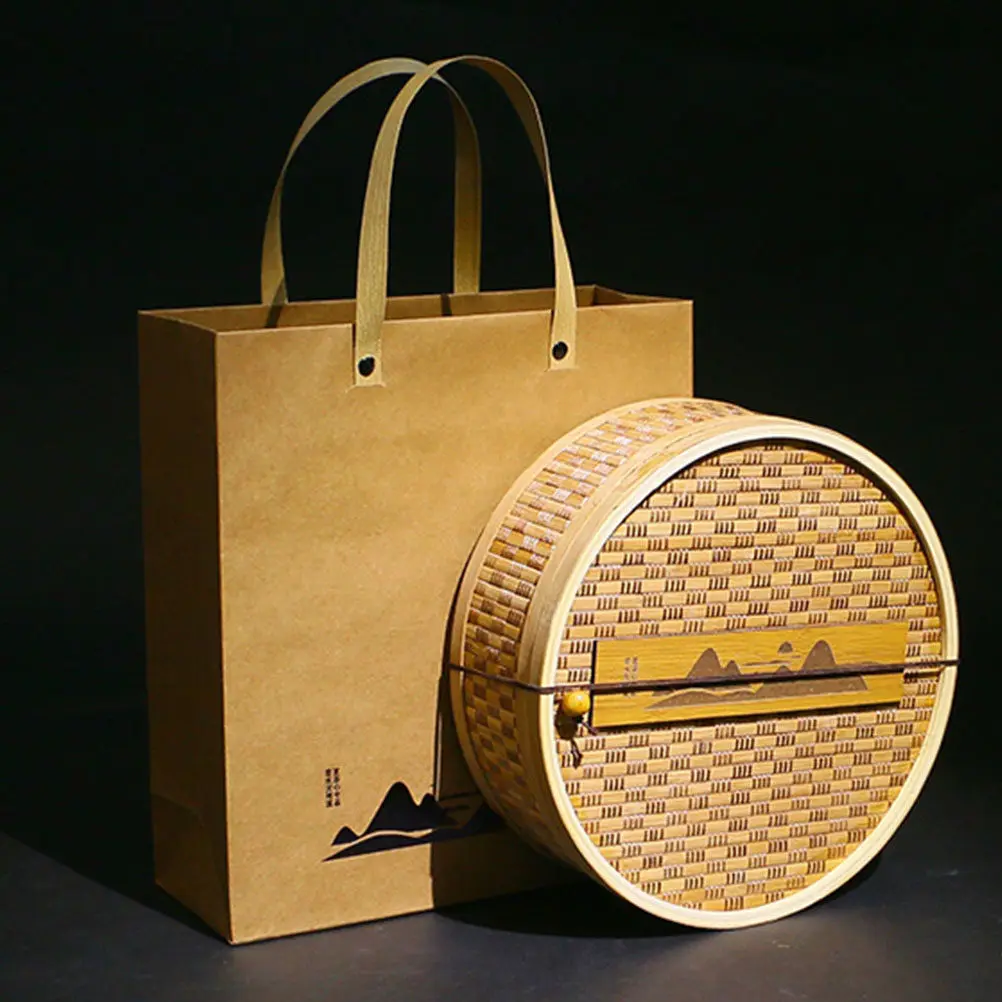 1Pcs Premium Bamboo Tea Box Woven Lid Design for Pu'er Brick Tea Storage Gift Packaging High-Grade Elegant Retro Look Odorless