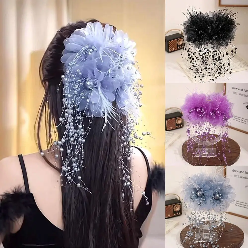 

Elegant Cloth Grasping Clip Feather Flower Pearls Tassel Hair Accessories Four Flowers Shark Clip for Girl Grasping Clip