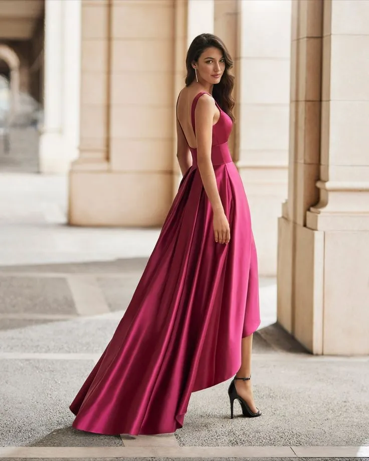 Customized Long Fuchsia V-Neck Mother of the Brides Dresses A-Line Hi-Lo Pleated Asymmetrical Length Godmother Dress for Women