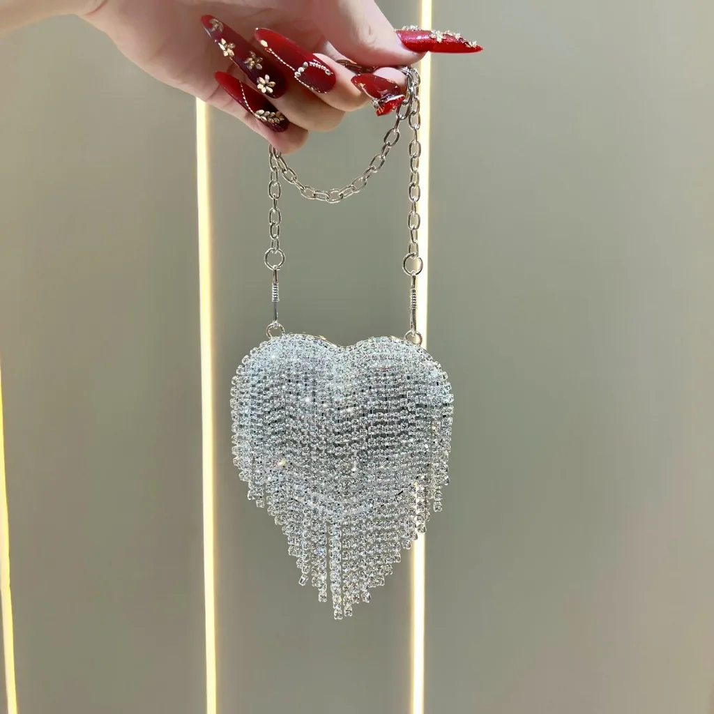 Cute Heart Shaped Bag for Women Rhinestone Pearl Chain Crossbody Purse Mini Evening Clutch Valentine's Day Gift Party Handbag