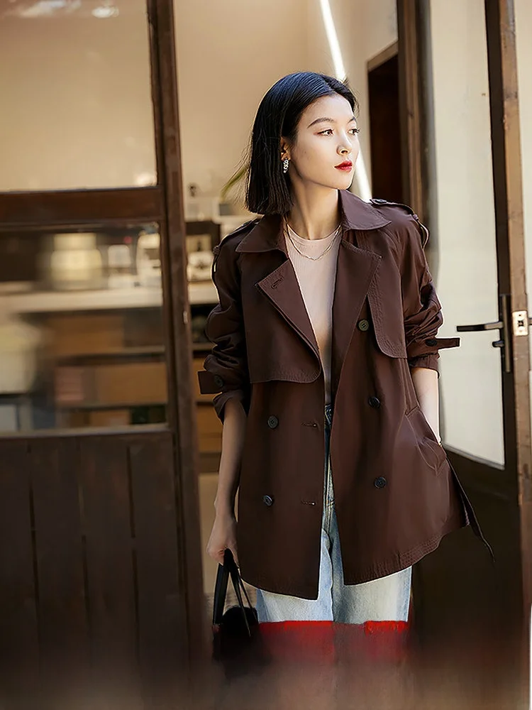 

Xhange FYB637AG Women's Lightweight Cotton Twill ort Coat with Belted Double Breasted Collar Commute Sle Windbreaker