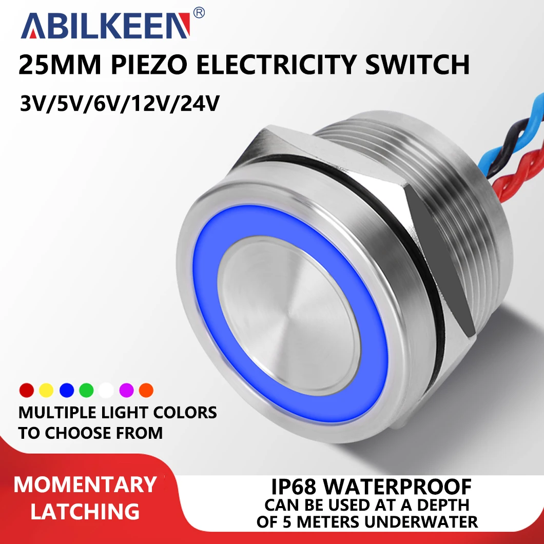 

ABILKEEN 25 мм светодиодный кольцевой светильник, пьезоэлектрический переключатель 1НО 2А, функция мгновенного действия/фиксации, IP68, водонепроницаемый, чувствительный к давлению переключатель