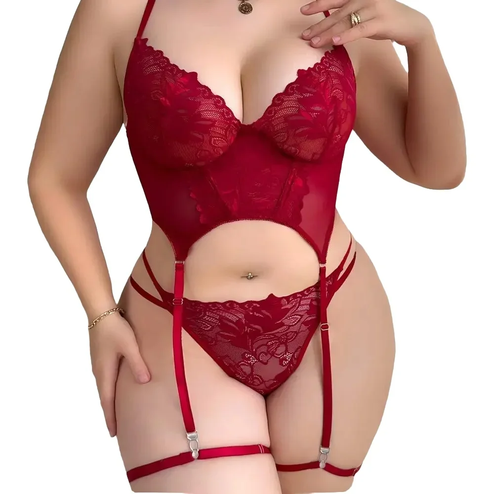 

Новый комплект женского белья больших размеров: кружевной комплект с тонкими бретелями, бэбидолл с V-образным вырезом, пояс для чулок, сексуальный комплект для сна, нижнее белье.