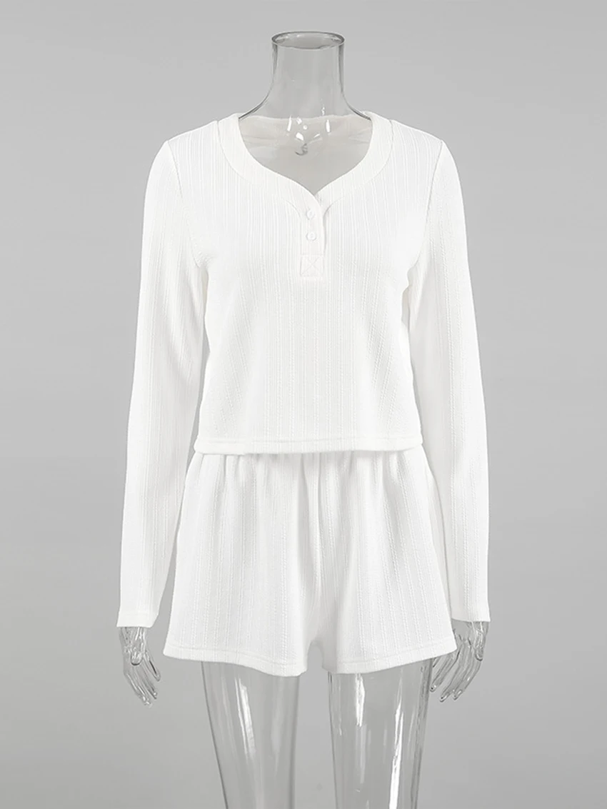 Marthaqiqi Knitted Home Clothes Ladies V-Neck Sleepwear Long Sleeve Nightgown Crop Top Nightwear Shorts Casual Female Pajama Set